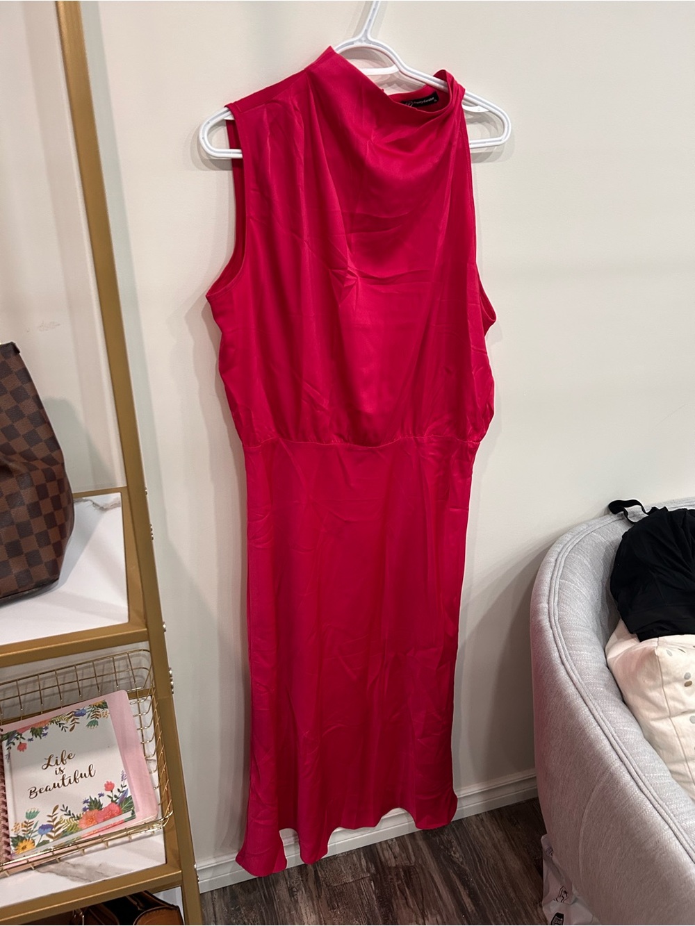 Sleeveless Fuchsia Satin Midi Dress - Unbranded